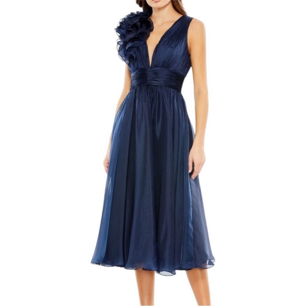 Mac Duggal 29494 Navy Deep Plunge Rosette Midi Dress | Size 10